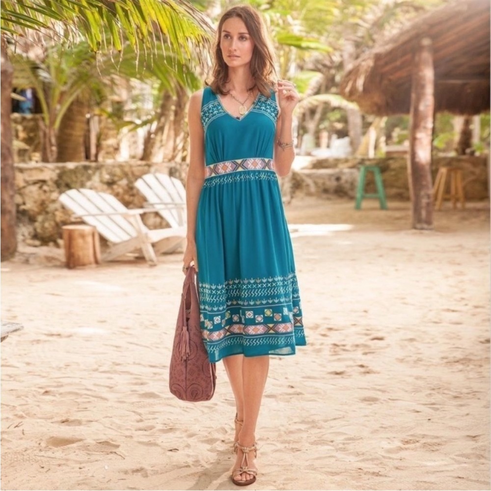 Sundance Teal Embroidered Minos Midi Dress Size 8